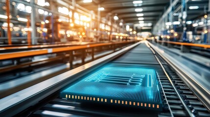 Industry trends future laptop concept. A futuristic factory scene showcasing a circuit board on a conveyor belt, illuminated by industrial lighting.