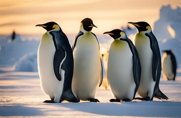 Fototapeta premium A group of adorable emperor penguins huddling together on an icy landscape