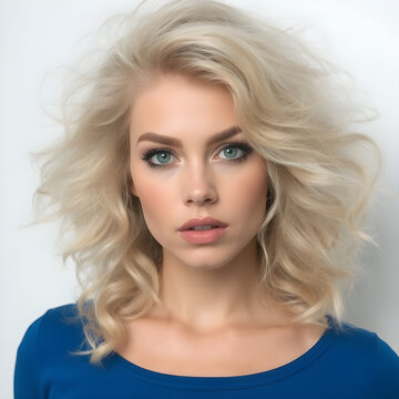 Una chic rubia de rizos sueltos y definidos, mostrando un espectacular outfit azul el&eacute;ctrico.
