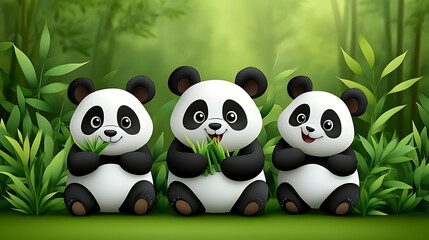 Obraz premium Three adorable pandas eating bamboo in a lush forest.