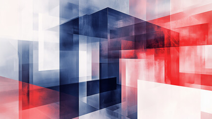 Red, white and blue background graphic of 3d rectangular shapes against a white background. For news broadcast introduction or background graphic.
