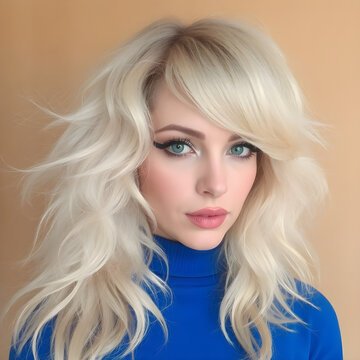 Una dulce rubia con rizos perfectamente peinados, destacando en un llamativo vestido azul.