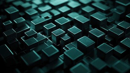 Abstract teal metallic cubes, 3D render.