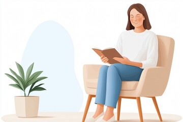 A woman is sitting comfortably in a chair, reading a book, with a potted plant nearby, creating a cozy and relaxed atmosphere.