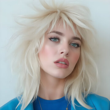 Una rubia sofisticada con rizos impecables, destacando con su atuendo azul vibrante.