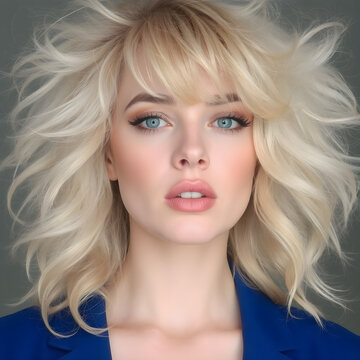 Una elegante mujer rubia de rizos brillantes, llevando un radiante conjunto azul el&eacute;ctrico.