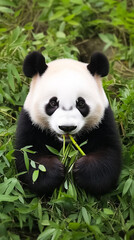 Fototapeta premium A cute panda munching on fresh bamboo in a lush green environment. Perfect for wildlife and nature enthusiasts.