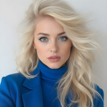 Una hermosa rubia de rizos elegantes, vistiendo un deslumbrante atuendo azul el&eacute;ctrico.