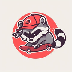 Cute Cartoon Raccoon Jumping on Skateboard