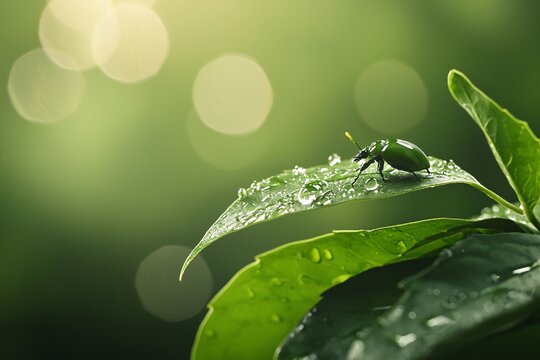 Small Emerald Beetle on Dewy Leaf A Closeup Look at Wildlife in a Lush Green Nature Setting
