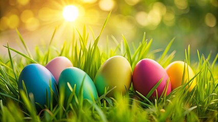 Fototapeta premium Colorful Easter Eggs on Grass Header Background - Spring Holiday Image
