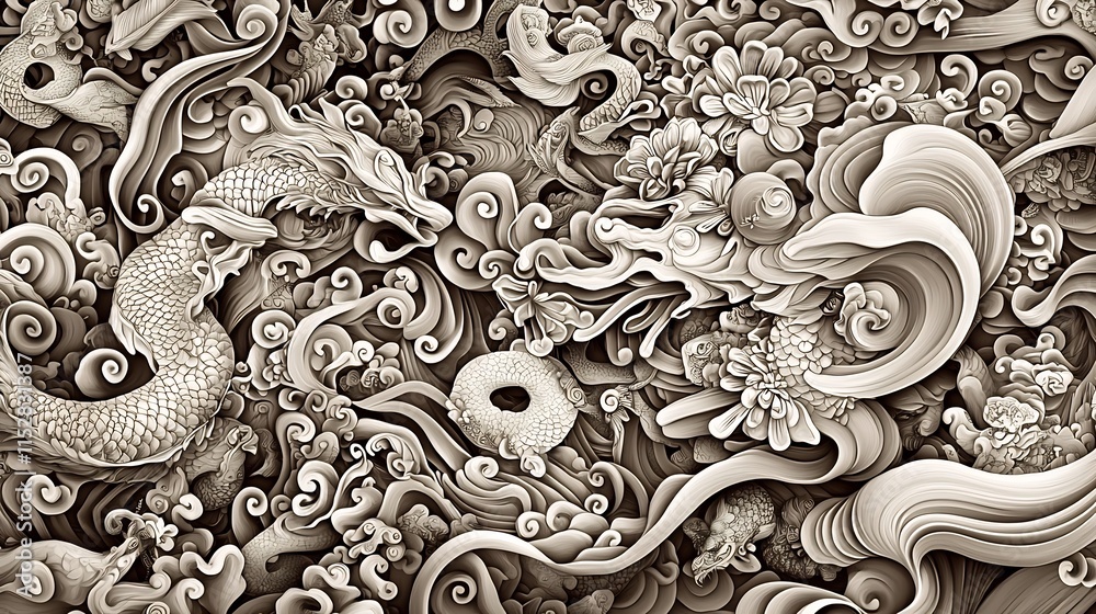 Poster elegant and intricate chinese inspired 3d featuring smooth gradients repeating patterns and an open 