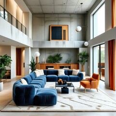 Fototapeta premium Modern luxury loft interior, double-height ceiling, floor-to-ceiling windows, natural light, blue modular sofa, orange accent chair, potted palm plants, wooden accents, black coffee table, contemporar