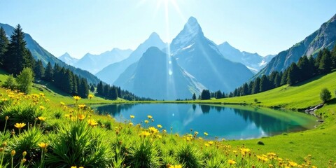 Fototapeta premium Serene Mountain Lake Reflecting Sunlit Peaks and Vibrant Yellow Flowers in a Lush Alpine Meadow