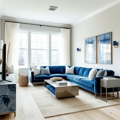 Fototapeta premium Modern living room, blue velvet sectional sofa, natural light, large windows, white curtains, wooden floor, round coffee table, minimalist decor, abstract wall art, gray console table, coastal vibes, 
