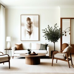 Minimalist living room, neutral color palette, white sofa, mid-century modern furniture, framed feather artwork, potted indoor tree, wooden coffee table, throw pillows, natural light, Scandinavian des