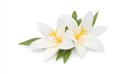 Fototapeta premium Two beautiful white lilies with vibrant yellow centers, surrounded by green leaves, against a clean, white background.