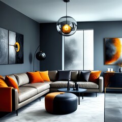 modern living room, dark blue walls, large grey sectional sofa, orange accent pillows, round leather ottoman, dramatic lighting, pendant light fixture, abstract art, minimalist design, high contrast, 