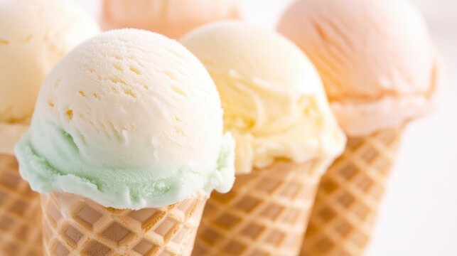 A close-up of colorful ice cream scoops in waffle cones, showcasing mint, vanilla, and peach flavors, perfect for a refreshing treat on a sunny day.
