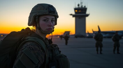 Air Force Operation at Sunset with Control Tower View