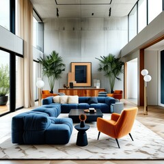Modern luxury loft interior, double-height ceiling, floor-to-ceiling windows, natural light, blue modular sofa, orange accent chair, potted palm plants, wooden accents, black coffee table, contemporar