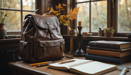 Leather backpack sits amid textbooks, writing tools, and notebooks with colorful tabs, bathed in warm afternoon sunlight through a window.