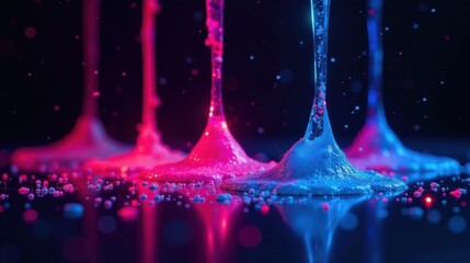 Abstract vibrant neon liquid art with dynamic foam formations and a reflective surface