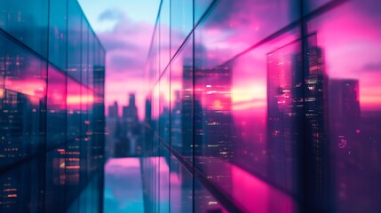 Obraz premium Pink and blue cityscape reflection in a glass building