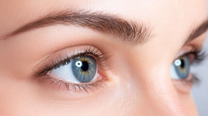 Obraz premium A close-up of striking blue eyes, showcasing delicate eyelashes and perfectly shaped eyebrows against a soft background.