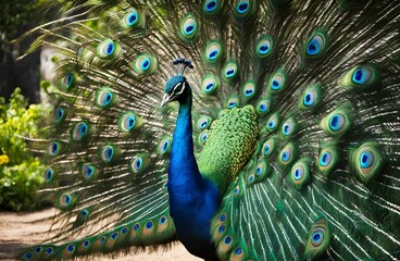 Obraz premium A stunning peacock spreading its iridescent feathers in full display