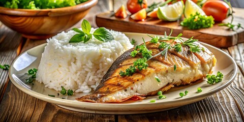 Delicious Rice with Grilled Fish: Eye-Level Photo Recipe - Simple Seafood Dinner