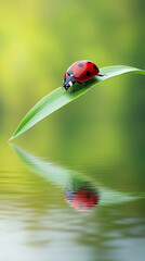 Fototapeta premium Ladybug's Reflection: A Delicate Balance on a Blade of Grass