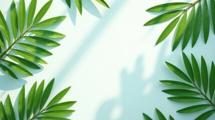 Fototapeta premium Lush Green Foliage Arranged on a Light Blue Background with Gentle Shadow Play, Creating a Serene and Elegant Botanical Composition.