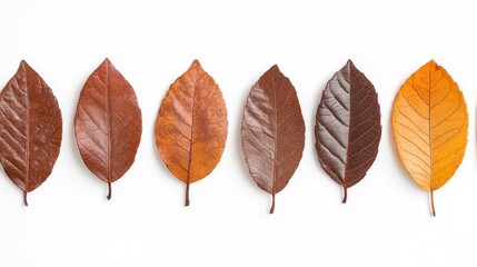 Five autumn leaves in varying shades of brown and orange, arranged in a straight line against a white background.