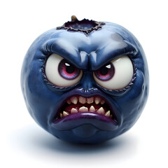 Obraz premium Angry Blueberry Character with Gritted Teeth, Fierce Expression, Funny Fruit Mascot, 3D Rendering Isolated on White Background, Food Concept Illustration, glossy