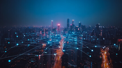 Smart digital city with connection cyber security network reciprocity over the cityscape . future smart wireless digital city and social media networking systems that connects people within the city