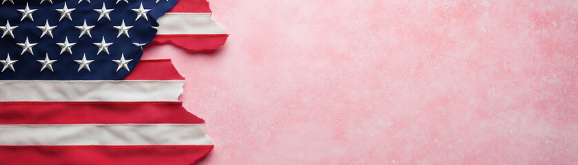 Torn American flag illustration on a textured pink background, symbolizing patriotism and resilience.