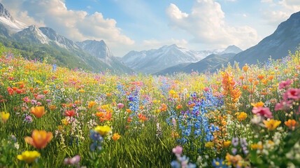 Fototapeta premium A beautiful, sun-drenched spring summer meadow. Natural colorful panoramic landscape with many wild flowers of daisies against blue sky. A frame with soft selective focus. 