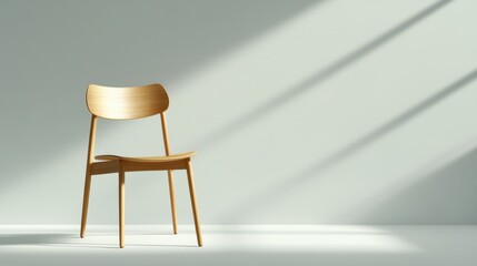 A wooden chair is sitting in a room with a white wall