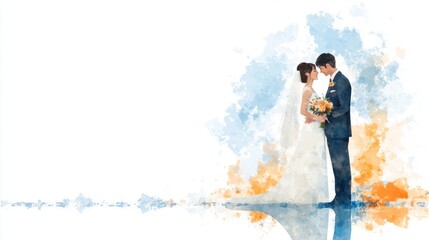 Romantic Watercolor Wedding Background with Bride and Groom