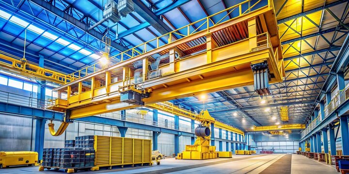 Engineering Plant Shop: Yellow Overhead Crane with Jib Crab Trolley and Hooks - Eye-Level View