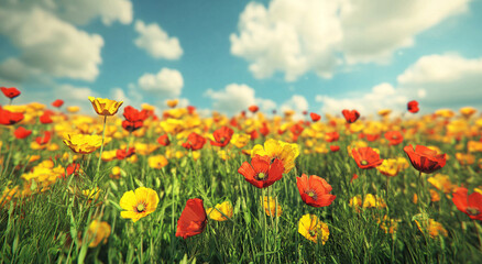 Fototapeta premium A beautiful, sun-drenched spring summer meadow. Natural colorful panoramic landscape with many wild flowers of daisies against blue sky. A frame with soft selective focus. 