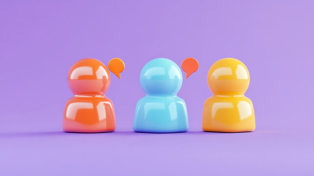 Colorful icons of diverse people with speech bubbles on purple background, representing communication and teamwork