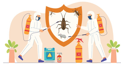 An illustration of a comprehensive pest control service, featuring a shield symbol surrounding a home, protecting it from various pests like insects and rodents.