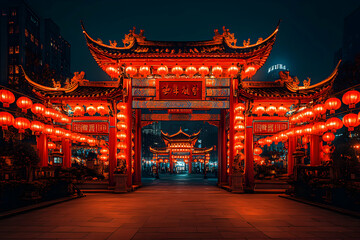 Fototapeta premium Night Scene, Illuminated Chinese Gateways with Red Lanterns