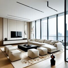Luxurious modern living room, floor-to-ceiling windows, city view, minimalist white sectional sofa, beige ottoman poufs, black coffee table, abstract wall art, neutral color palette, sleek lighting, h