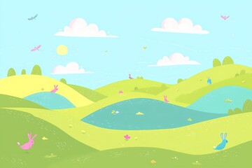 Fototapeta premium Colorful Landscape with Playful Rabbits and Blue Sky
