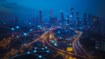 Naklejka premium Smart digital city with connection cyber security network reciprocity over the cityscape . future smart wireless digital city and social media networking systems that connects people within the city