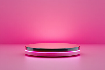A sleek, circular platform illuminated by pink lighting, set against a vibrant pink backdrop, ideal for showcasing products or designs.