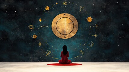 Mystical Fortune Teller: A Woman Sitting Amidst Enigmatic Symbols of Numerology for Predicting the Future